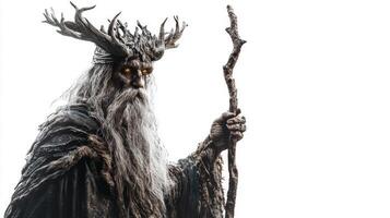The Slavic god Chernobog stands tall with a majestic appearance wearing dark intricate robes. His haunting eyes and antlered crown create a powerful sense of dark mythology. photo