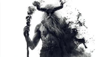 This artwork features Chernobog the Slavic god associated with darkness and chaos standing tall with a staff. His imposing figure is enriched by swirling dark elements. photo