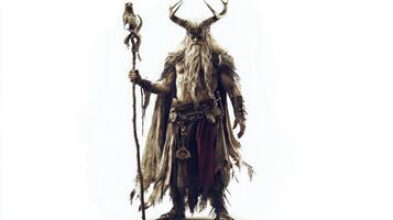 Chernobog the Slavic god of darkness stands prominently with a staff and an owl adorned in detailed rustic attire set against a stark white background. photo