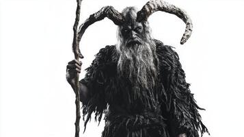 Chernobog the dark Slavic deity is portrayed with impressive horns and a staff showcasing the essence of mythological power and mystery. photo