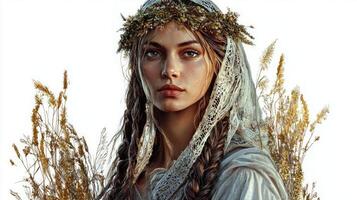 artwork features Mara a Slavic goddess with intricate braids and a floral crown. She embodies natures beauty and divine inspiration set against a minimalist background. photo