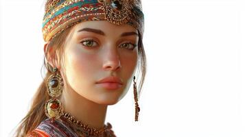 Slavic goddess Mara is illustrated with striking realism adorned in traditional attire. Her captivating features and detailed accessories reflect her cultural heritage and mythological roots. photo