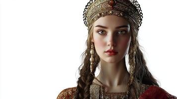 Slavic goddess Mara is depicted in a realistic style highlighting her intricate costume and accessories symbolizing ancient heritage and mythology. photo