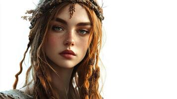depiction reveals the Slavic goddess Mara with flowing hair and natural elements intertwined embodying a serene yet powerful essence against a plain backdrop. photo