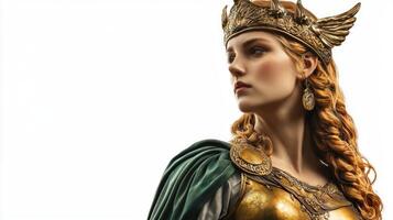 portrayal of Frigg the Scandinavian goddess showcases her majestic presence with detailed armor and golden embellishments emphasizing her regal essence. photo