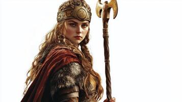 Frigg powerful goddess of Scandinavian mythology stands confidently holding axe and staff showcasing her warrior spirit and strength in a striking lifelike representation. photo