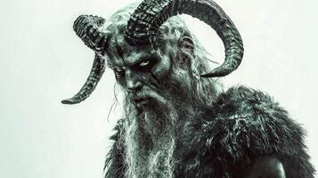 Scandinavian god Hel stands prominently in realistic representation showcasing deep features elaborate horns and fierce gaze all set against a stark white backdrop. photo