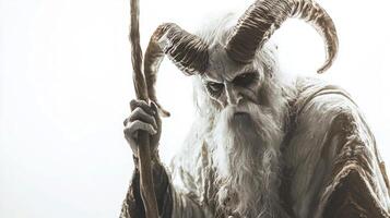 depiction showcases Hel the god ounderworld in Scandinavian mythology with detailed horns flowing beard and an ancient cloak evoking a mysterious aura. photo