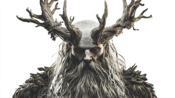 depiction showcases Hel the Norse god characterized by his elaborate antlered headpiece flowing hair and dark attire capturing the essence of Scandinavian mythology. photo
