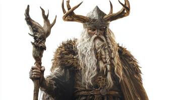 Scandinavian god Hel stands tall adorned in intricately designed armor and cloak holding staff surrounded by an ethereal glow embodying a powerful mythological presence. photo