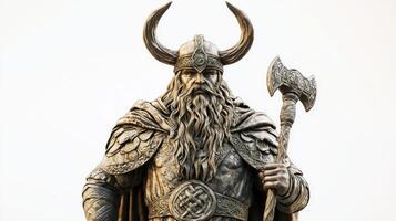 Scandinavian god Hodr stands majestically with his sturdy axe embodying winters power and mystery isolated against a pure white backdrop highlighting his fierce presence. photo