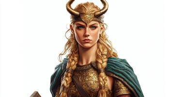 portrayal features Idunn the Scandinavian goddess known for her role in mythology wearing ornate armor and a striking headdress embodying strength and beauty. photo