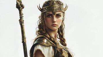 Idunn Scandinavian goddess stands poised and strong embodying youth and vitality with her golden braid and adorned armor ready to share her apples of immortality. photo