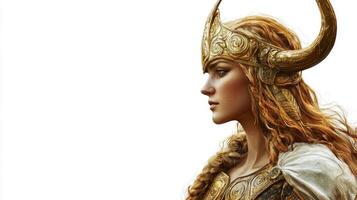depiction captures Idunn the Norse goddess associated with youth and renewal showcasing her intricate golden armor and ornate headpiece symbolizing her divine essence. photo