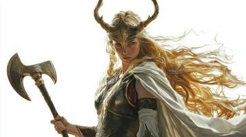 powerful portrayal Idunn the goddess of youth in Scandinavian mythology showcasing her flowing hair and majestic presence with an axe symbolizing bravery and vitality. photo