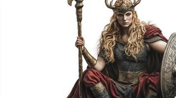 Nordic goddess Idunn holds her staff adorned in regal armor with flowing golden hair and a fierce expression representing vitality and youth in myth. photo