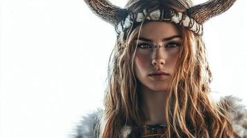striking depiction Scandinavian goddess Idunn features her long flowing hair and horned headdress symbolizing her connection nature and vitality while set against pure white backdrop. photo
