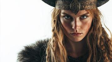 Idunn Scandinavian goddess known for her beauty and vitality stands prominently with fierce expression adorned in horned crown and traditional attire emphasizing her divine heritage. photo