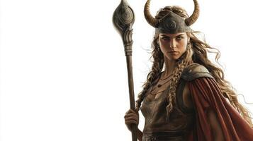 Norse goddess Idunn stands confidently adorned in rich armor with her iconic horned helmet. She grasps a staff symbolizing her role in ancient mythology reflecting her rich heritage. photo