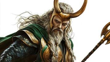 striking representation of Loki highlights the gods mischievous character with elaborate armor and a compelling expression emphasizing his role in Norse mythology. photo