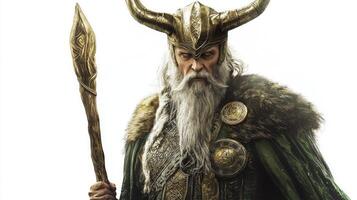 depiction captures Loki in stunning detail showcasing his elaborate costume adorned with symbolic designs and his signature horned headgear embodying his cunning nature. photo