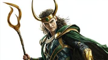 artwork features Loki the Scandinavian god of mischief showcasing his distinctive horns and intricate armor while holding a scepter emphasizing his mythical essence. photo