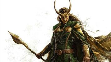 striking portrayal of Loki the Scandinavian god showcasing his fierce demeanor and intricate attire. He stands confidently with a spear embodying his legendary trickster persona. photo