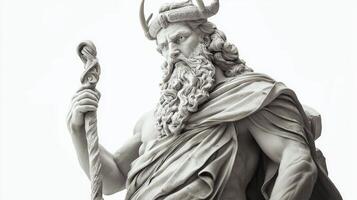 statue portrays Magni the Scandinavian god associated with strength showcasing his powerful presence and intricate stone details against a clean white backdrop. photo