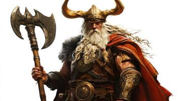 representation of Magni a Scandinavian god highlights his powerful presence with a detailed axe and spear embodying strength and heritage in Norse mythology. photo