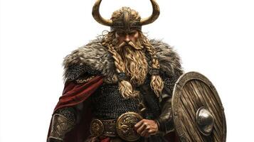 figure represents Magni a Scandinavian god famed for his incredible strength adorned in armor with a shield exuding a powerful warrior presence. photo