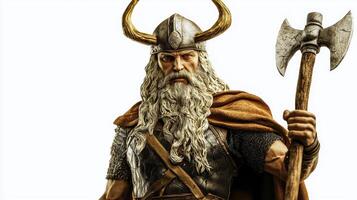 striking portrayal captures Magni Scandinavian god of strength with his iconic horns and battle axe exuding power and majesty in a simple unadorned background. photo