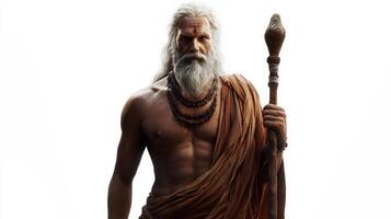 Majestic figure of Shiva Purana a indian god exudes strength and wisdom with flowing hair a long beard and a staff. His presence commands attention and respect. photo