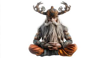 Scandinavian god Modi is portrayed in a captivating meditative position adorned with intricate Norse designs. His long flowing hair and impressive antler crown emphasize his divine essence. photo