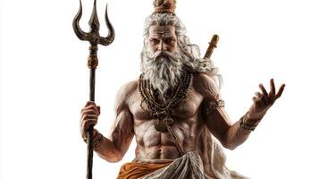 indian god Shiva Purana depicted with a trident a powerful presence emphasizing strength and divine authority in a striking stance. photo