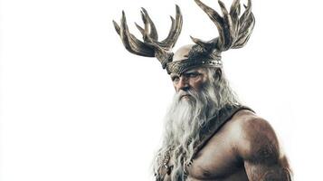 depiction showcases Njord the Scandinavian god associated with wind and sea featuring powerful antlers and a majestic beard emphasizing strength and divinity. photo