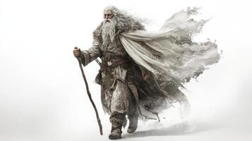 Ran Scandinavian god of the sea strides confidently with a staff dressed in textured robes. His long beard and cloak billow reflecting a powerful presence amidst the white backdrop. photo