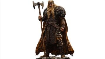 Sif venerated Scandinavian goddess is portrayed with a fierce demeanor holding a large axe. Her intricate armor and flowing hair evoke the strength of ancient Norse mythology. photo