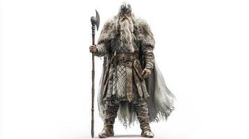 Ullr Scandinavian god known archery and winter sports stands proudly with his spear clad in fur and armor embodying strength and bravery in impressive representation. photo