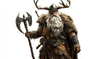 Ullr Scandinavian god known archery and winter stands confidently with his axe and bow dressed in fur and armor looking powerful against the white backdrop. photo