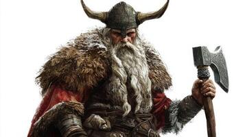 powerful representation of Ullr the god associated with winter and hunting. He stands confidently with his axe embodying the spirit of ancient Scandinavian mythology. photo