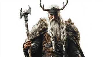 Ullr stands tall adorned in traditional Scandinavian attire holding staff and axe showcasing his role as the god of archery and winter in Norse mythology. photo