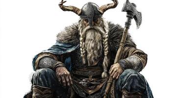 Ullr revered Scandinavian god known archery and hunting is depicted with impressive horns braids and a fur cloak sitting confidently wielding a large axe. photo
