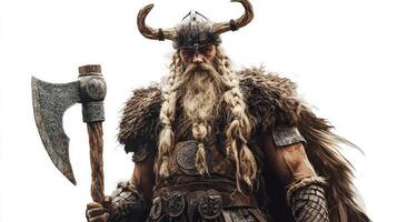 Scandinavian god Vidar stands prominently with an imposing axe dressed in traditional warrior attire embodying strength and resilience in this detailed portrayal. photo
