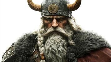 artwork depicts Vidar the Scandinavian god known for vengeance with a fierce expression. His intricate armor and braided beard reflect ancient Norse culture and mythology. photo