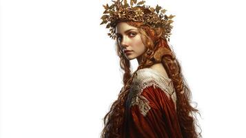 Slavic goddess Mara portrayed with flowing hair and elaborate outfit adorned with leaves flowers radiating a sense of serenity and strength against a white backdrop. photo