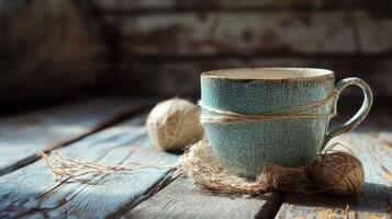 delicate vintage cup cracked and secured with threads rests on a weathered wooden table. This representation highlights the beauty and significance of mending broken relationships. photo