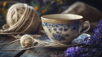 beautifully crafted vintage cup rests on a rustic table bound with threads symbolizing mended relationships amidst vibrant flowers and natural elements. photo
