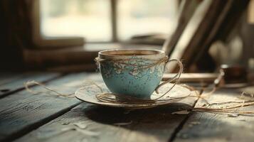 exquisite vintage cup mended with threads lies on rustic wooden table evoking themes forgiveness and the delicate nature of connections in a serene setting. photo