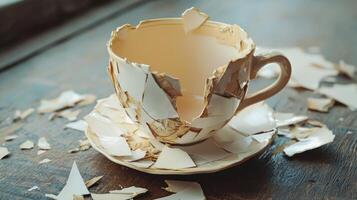 Shattered fragments of a vintage cup are meticulously mended together symbolizing the delicate nature of forgiveness in relationships resting quietly on a weathered table. photo