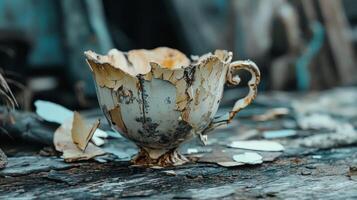 exquisite vintage cup intricately repaired from broken pieces stands silently on weathered wood embodying the complexities of forgiveness and resilience in relationships. photo